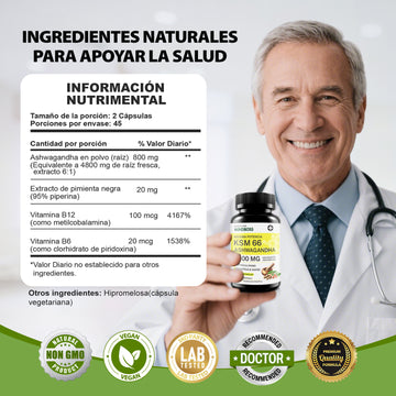 Cápsulas de Ashwagandha KSM-66 4800mg, Suplemento Orgánico de Ashwagandha, Sin Gluten, No Transgénico, Vegano, con Pimienta Negra para Mejor Absorción, Alivio del Estrés, Energía y Apoyo al Sueño - 90 Cápsulas